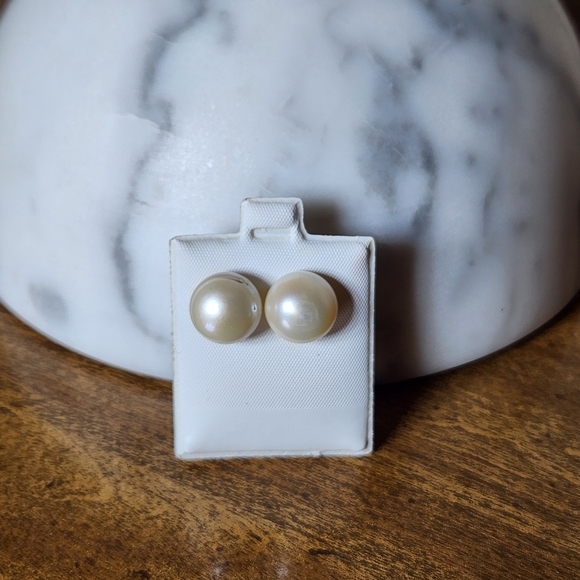 no brand Jewelry - Pearl Stud Earrings Light Cream 13mm Gold Plated Sterling .925 Genuine Pearl